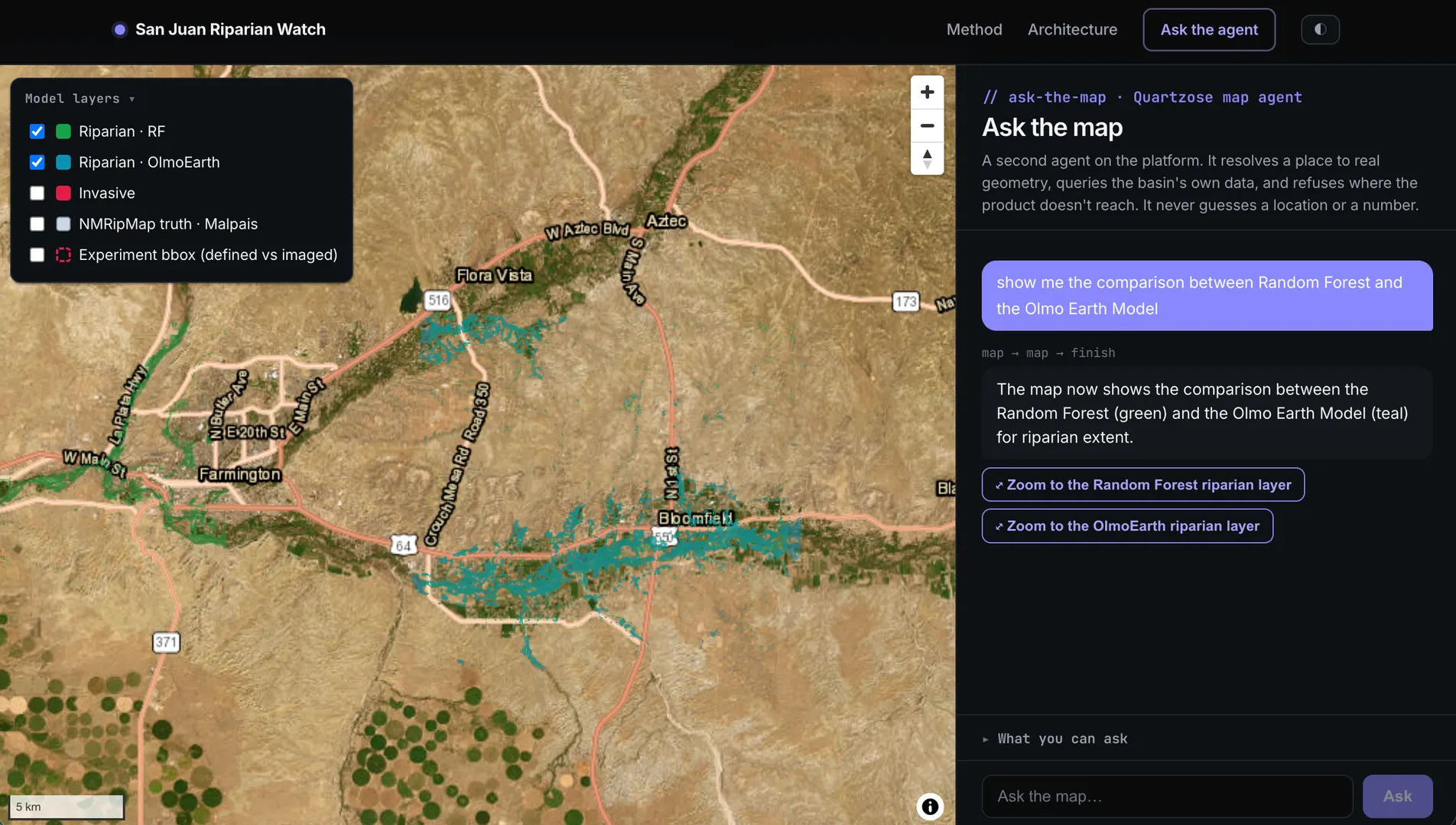 Ask the map: the agent renders Random Forest (green) and OlmoEarth (teal) riparian extent over the San Juan corridor near Farmington and Bloomfield, with the two models tracing visibly different vegetation boundaries